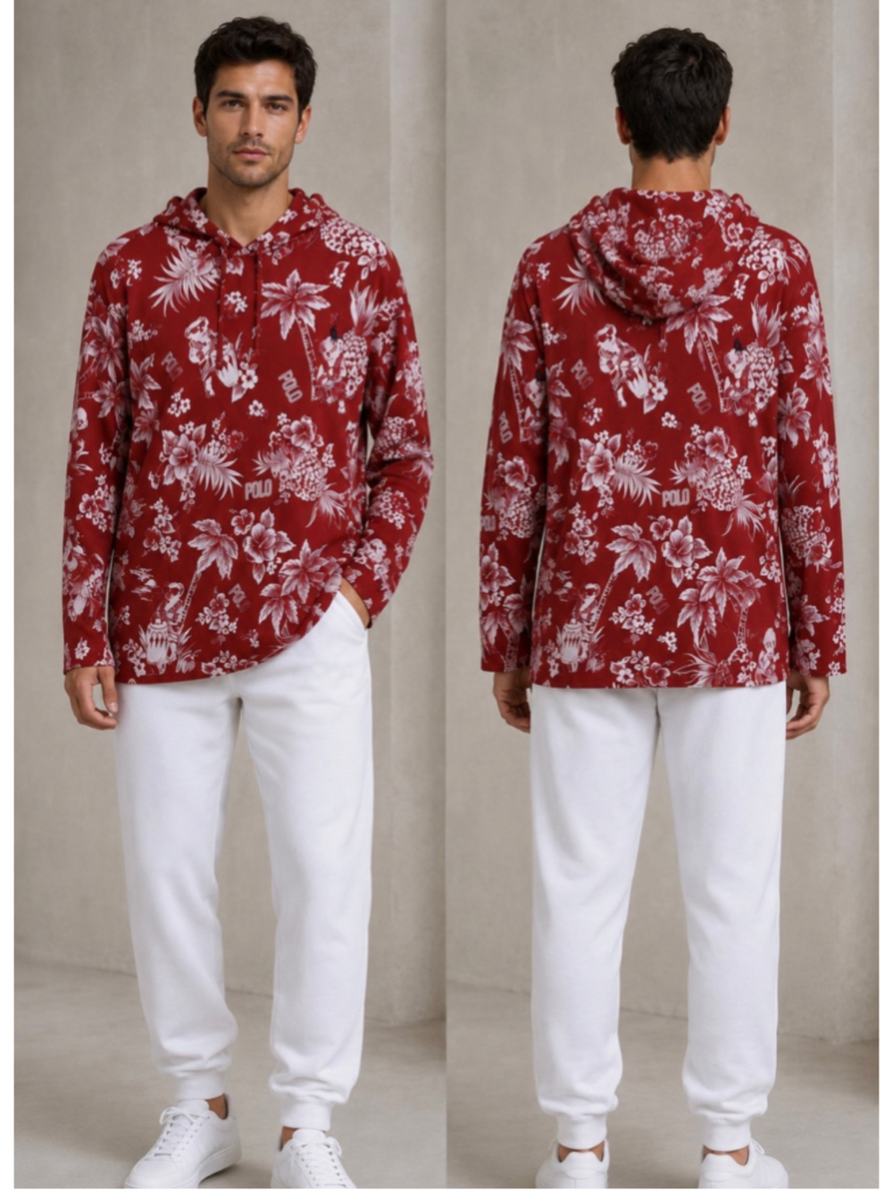 Polo Ralph Lauren Tee Hoodie XL Red White Tropical Bear Print Worn 1x